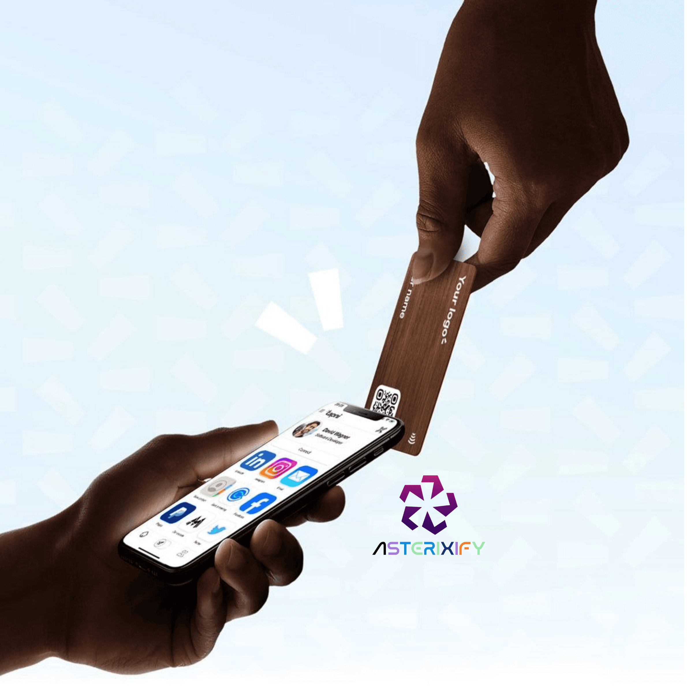 Hand tapping Asterixify NFC card to smartphone — instant contact sharing in Ghana