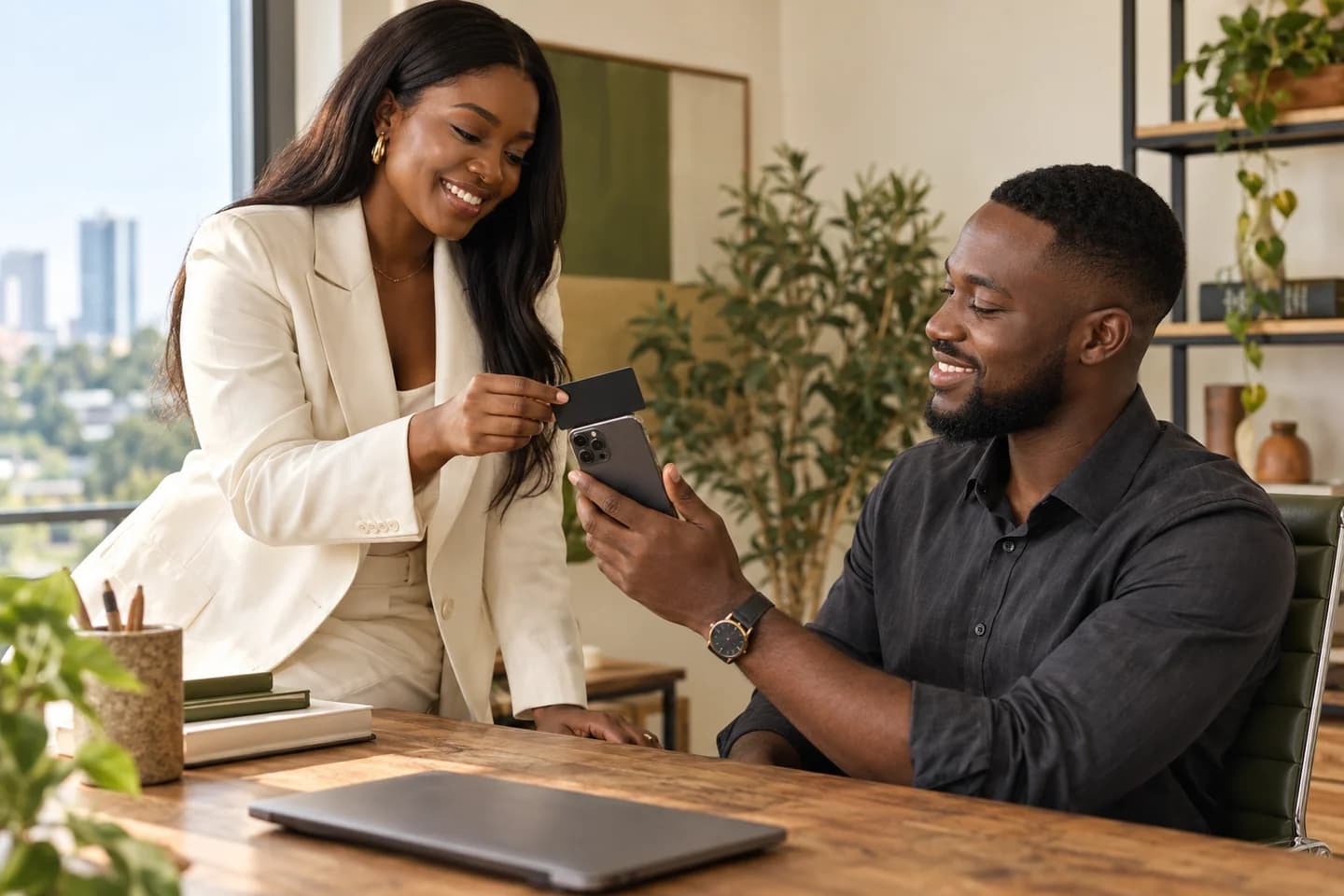Professionals exchanging an NFC business card during a meeting