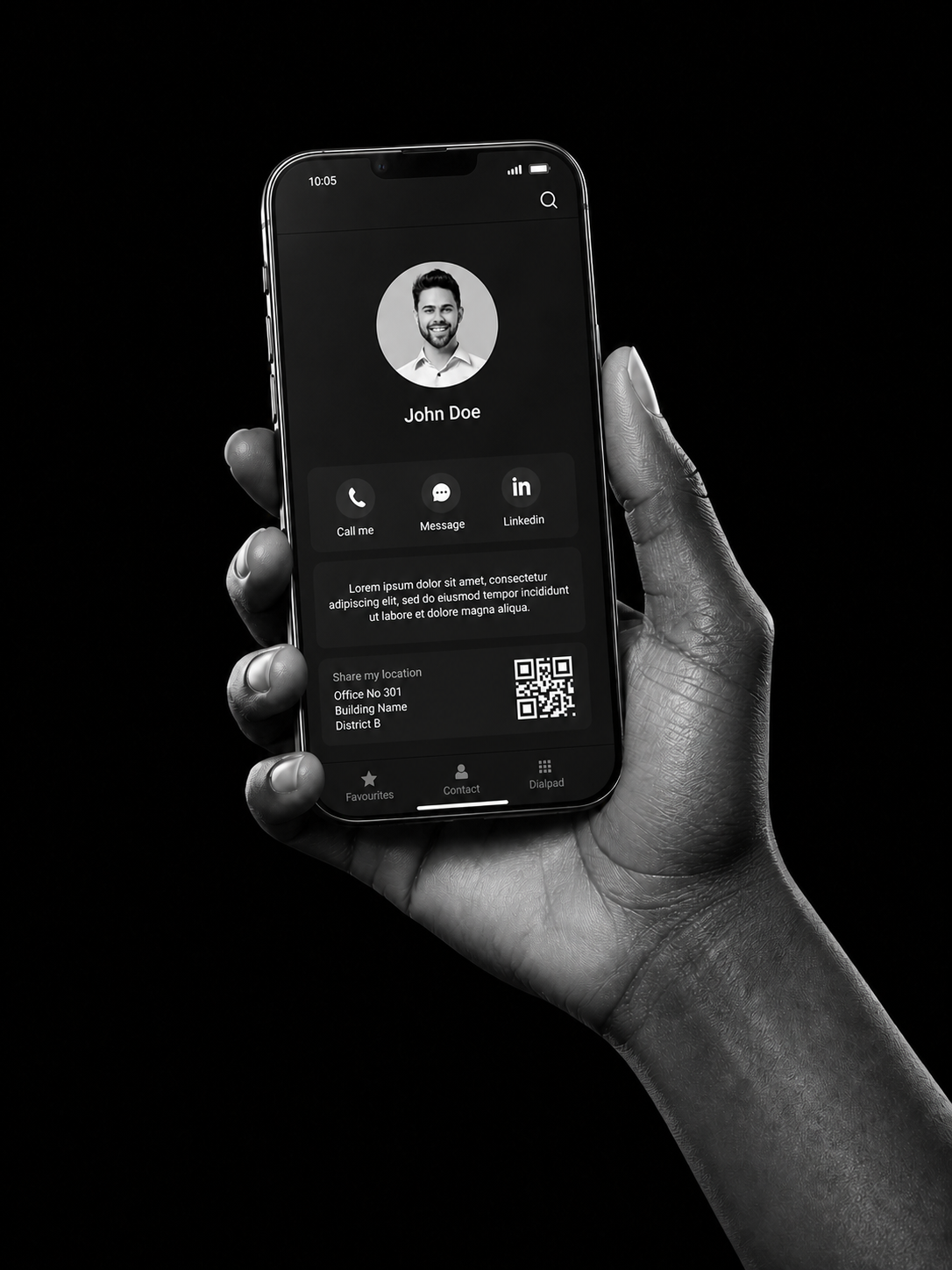 A hand presenting a phone with a TAPIN digital profile