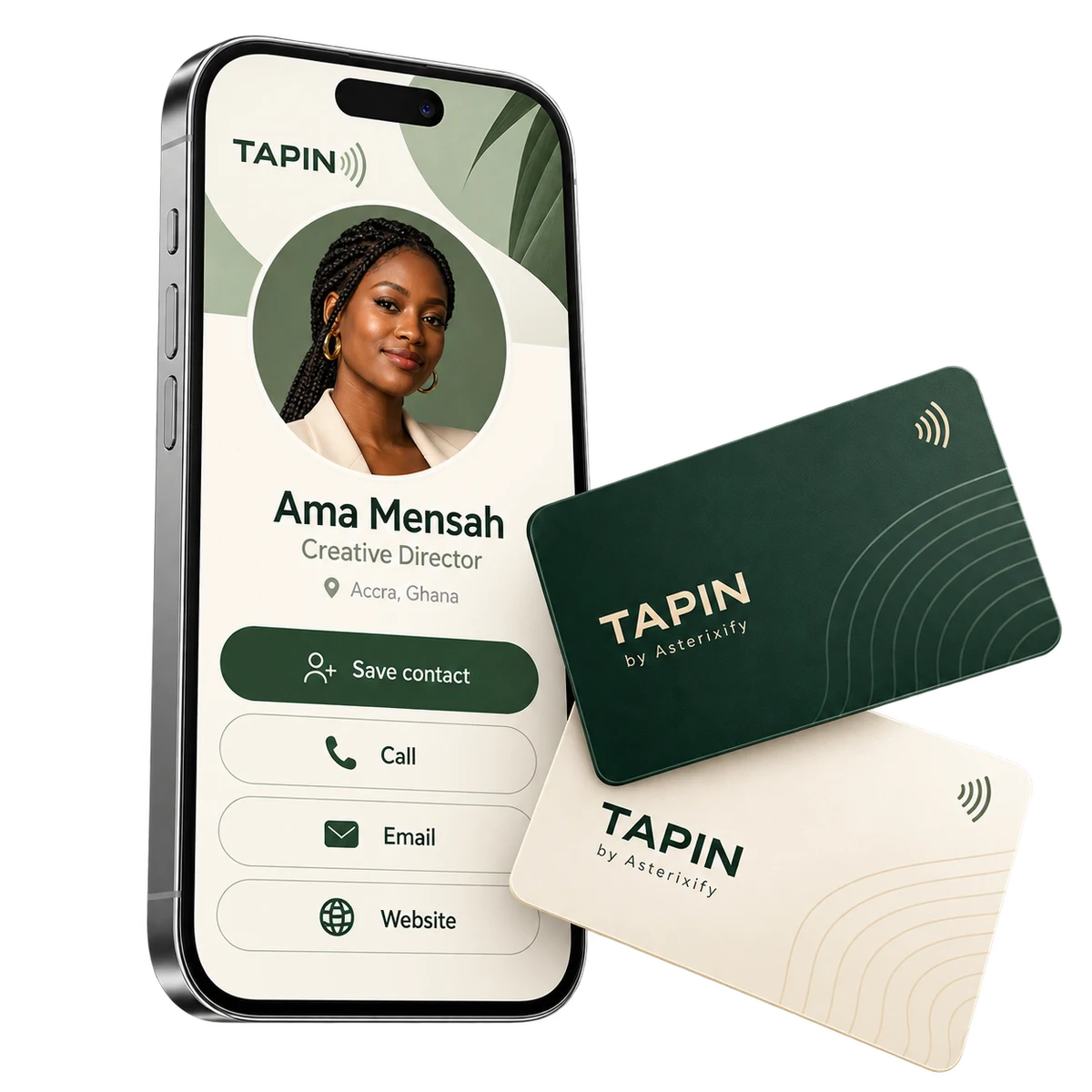 TAPIN digital business profile on a smartphone with branded NFC business cards