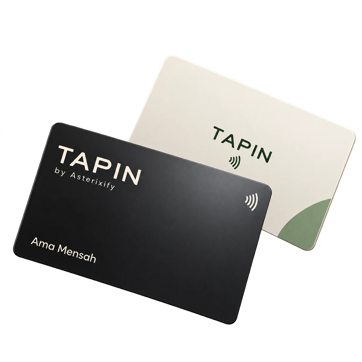Personalised TAPIN NFC cards in charcoal and ivory with contactless symbols
