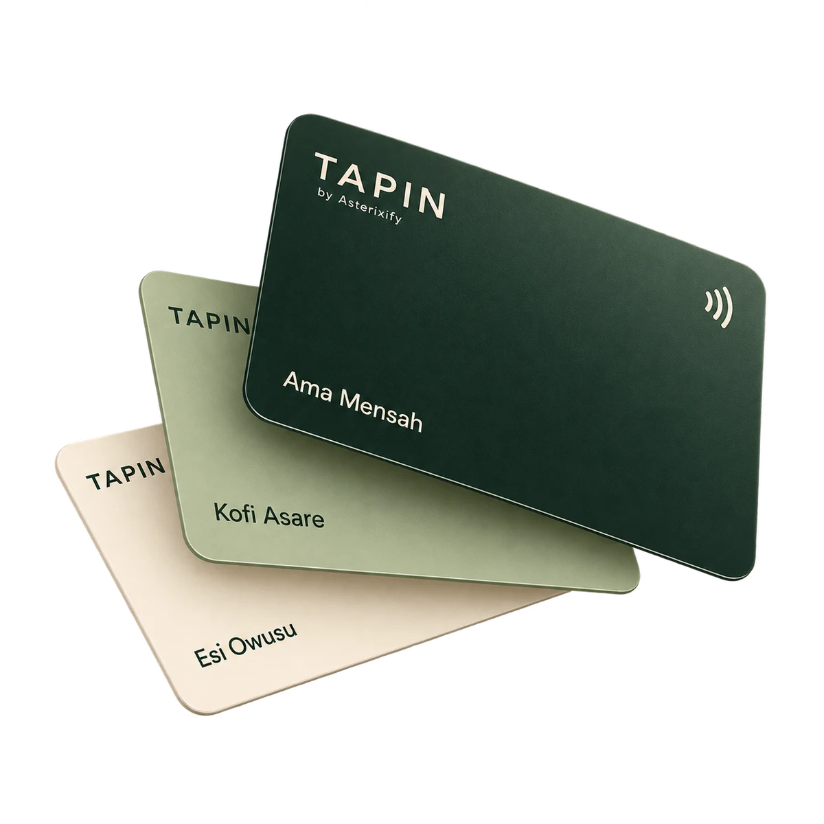 Three TAPIN team NFC cards with coordinated forest green, sage and ivory branding